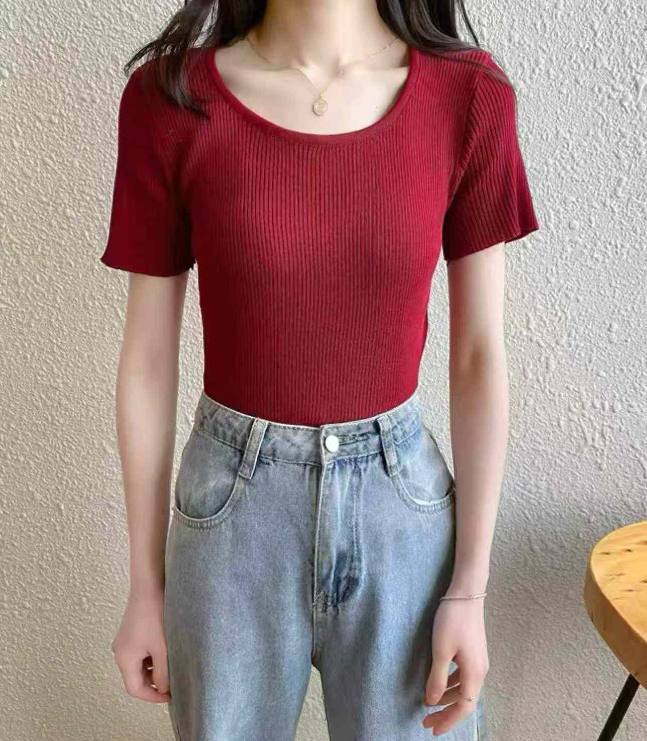 Baju Rajut Lengan Pendek Leher Bulat Polos Slim Fit Musim Panas 430 Potong - Image 7
