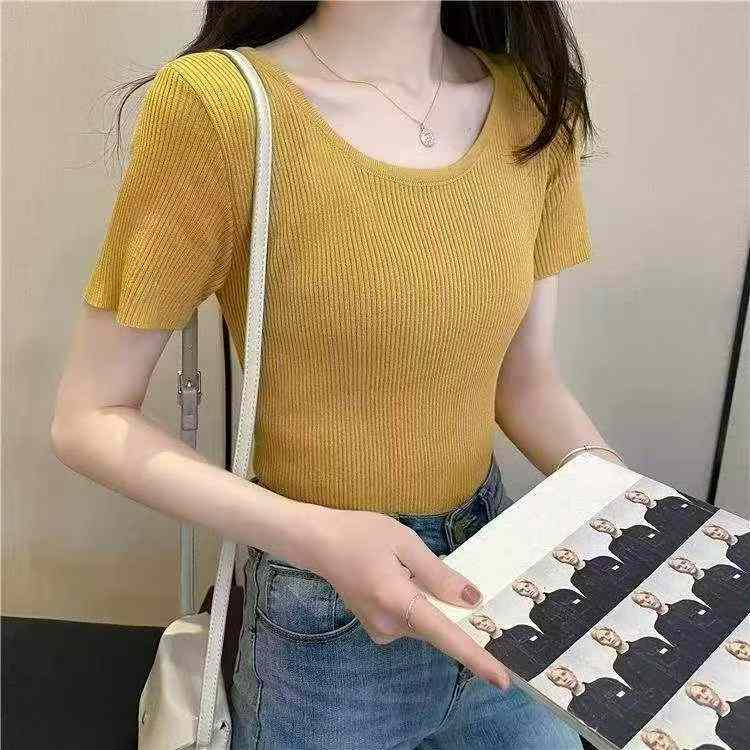 Baju Rajut Lengan Pendek Leher Bulat Polos Slim Fit Musim Panas 430 Potong - Image 8