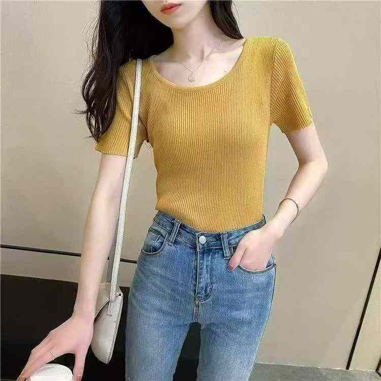 Baju Rajut Lengan Pendek Leher Bulat Polos Slim Fit Musim Panas 430 Potong - Image 9