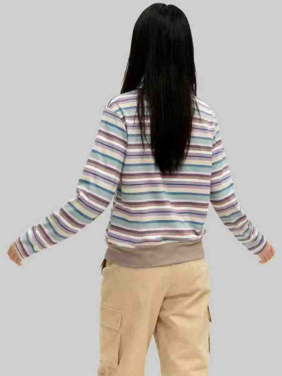 Atasan Lengan Panjang Leher Bulat Trendi Motif Garis Pelangi, Sekitar 1500 Potong - Image 7