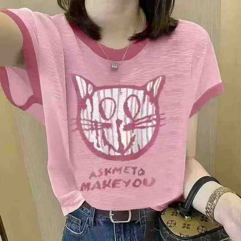 220 Pcs Letter Cat Print Casual Slub Cotton T-shirts - Image 2