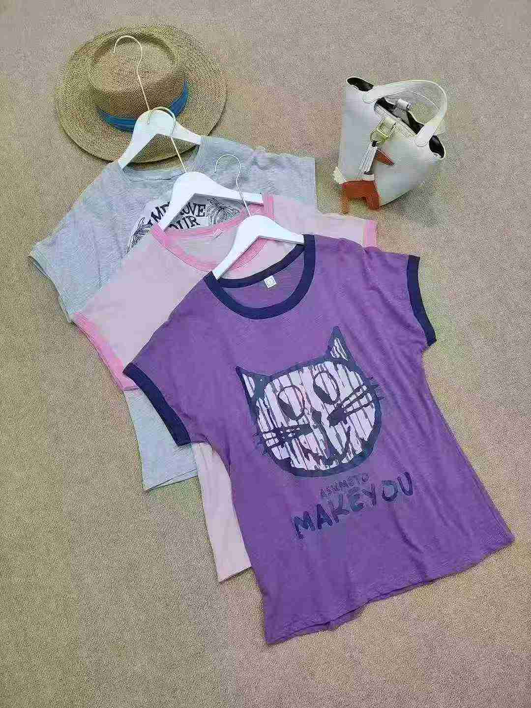 220 Pcs Letter Cat Print Casual Slub Cotton T-shirts - Image 3
