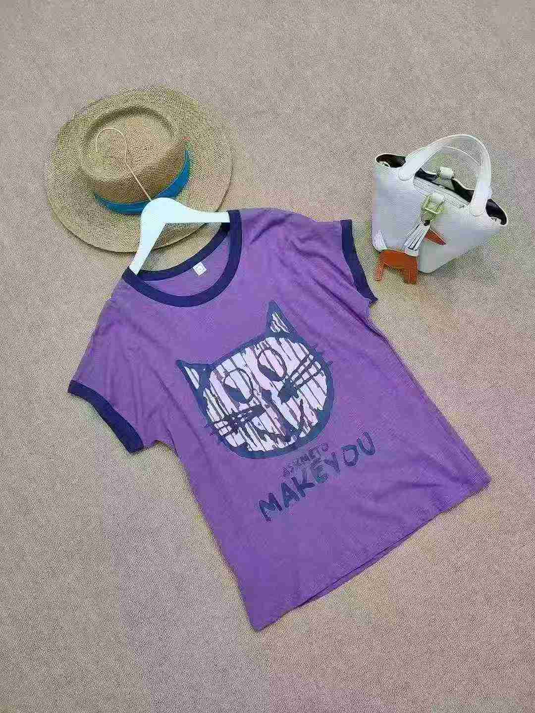 220 Pcs Letter Cat Print Casual Slub Cotton T-shirts - Image 4