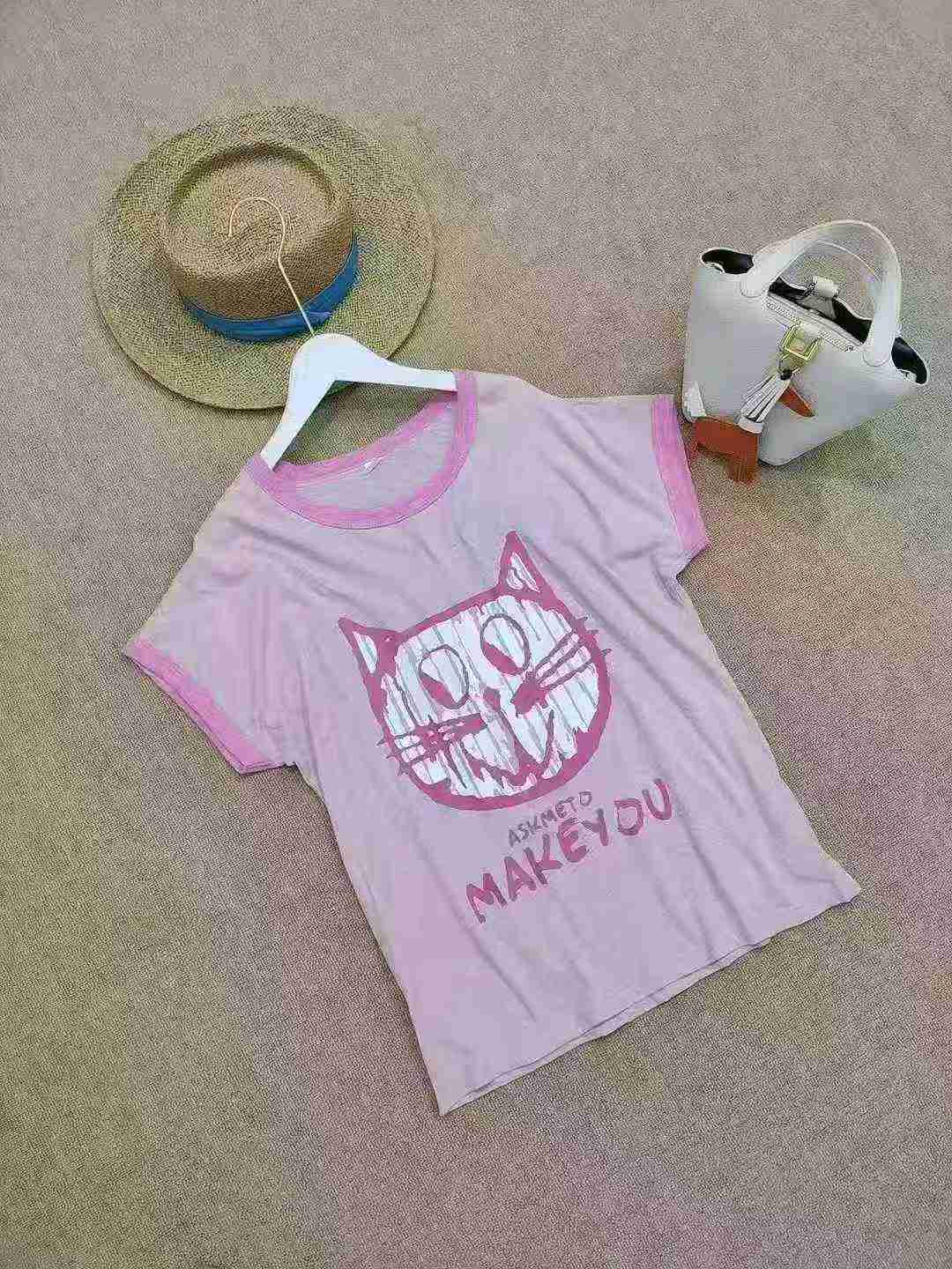 220 Pcs Letter Cat Print Casual Slub Cotton T-shirts - Image 5