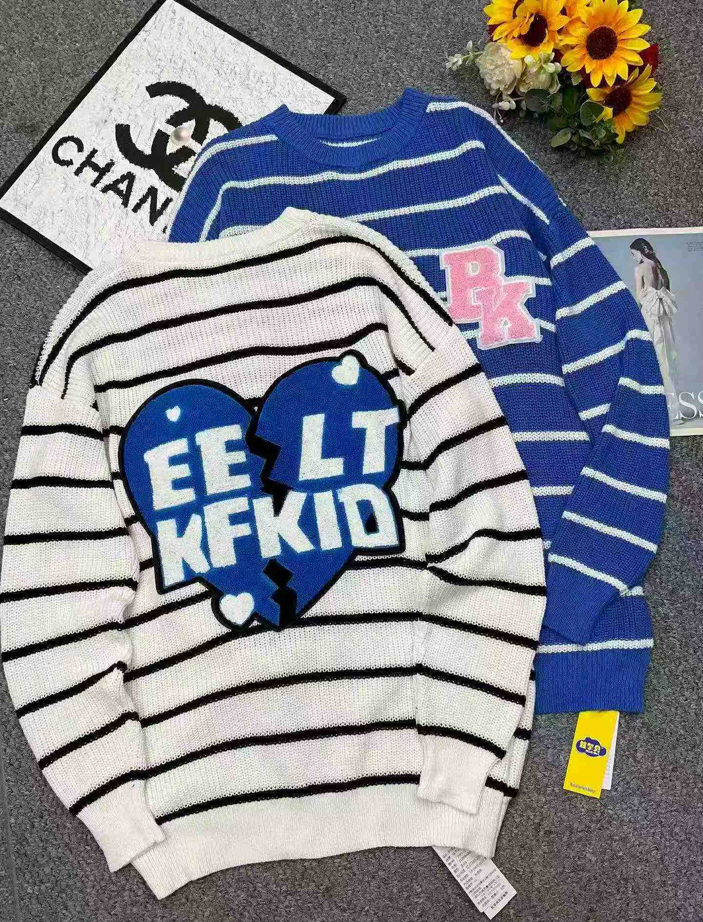Autumn Winter Unisex Original Brand Contrast Stripe Flocked Oversized Crew Neck Sweater, 720 Pieces - Image 3