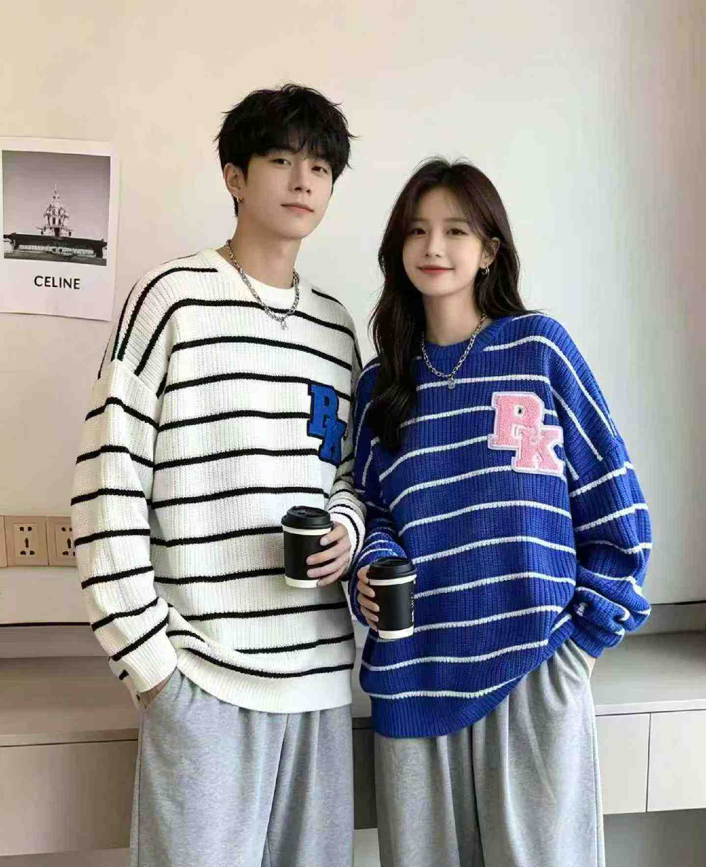 Autumn Winter Unisex Original Brand Contrast Stripe Flocked Oversized Crew Neck Sweater, 720 Pieces - Image 4
