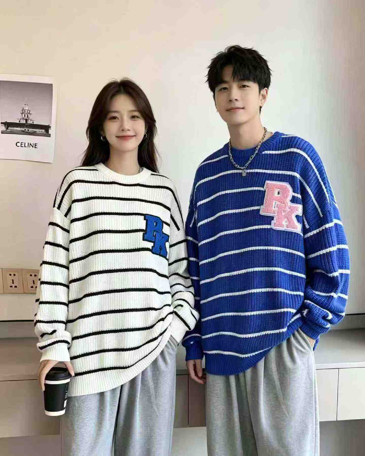 Autumn Winter Unisex Original Brand Contrast Stripe Flocked Oversized Crew Neck Sweater, 720 Pieces - Image 5
