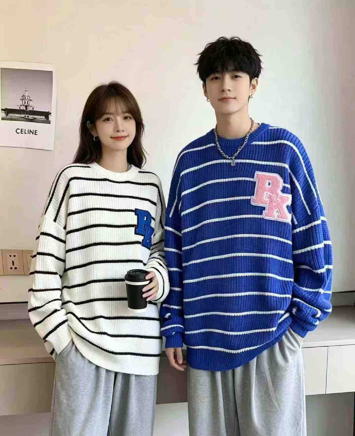 Autumn Winter Unisex Original Brand Contrast Stripe Flocked Oversized Crew Neck Sweater, 720 Pieces - Image 6