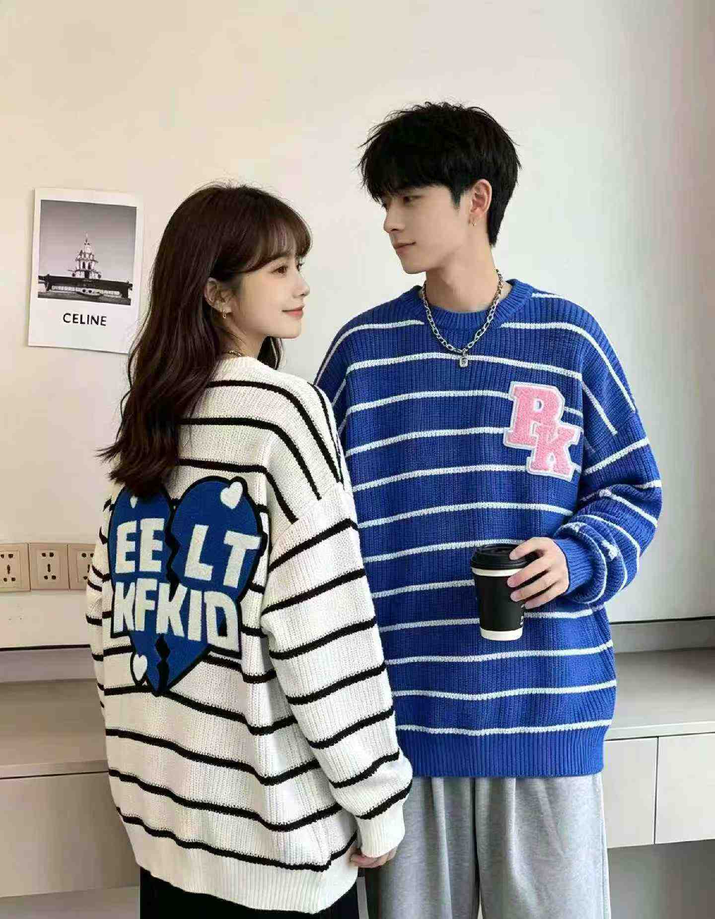 Autumn Winter Unisex Original Brand Contrast Stripe Flocked Oversized Crew Neck Sweater, 720 Pieces - Image 7