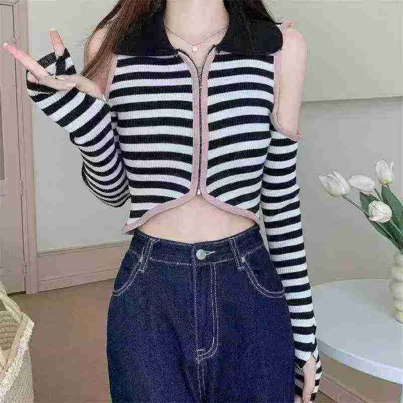 Spring Autumn New Off-shoulder Polo Collar Color-block Stripe Knit Zip Cardigan, 3070pcs, Individual Pack - Image 4