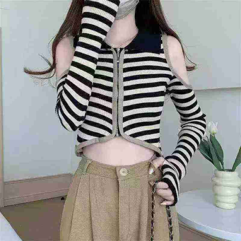 Spring Autumn New Off-shoulder Polo Collar Color-block Stripe Knit Zip Cardigan, 3070pcs, Individual Pack - Image 5