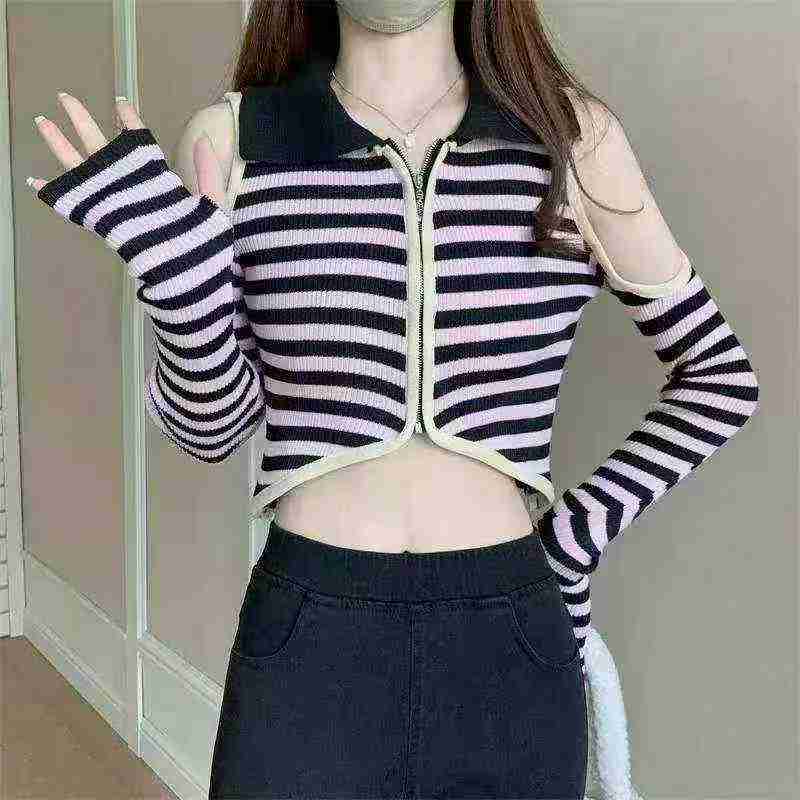 Spring Autumn New Off-shoulder Polo Collar Color-block Stripe Knit Zip Cardigan, 3070pcs, Individual Pack - Image 6