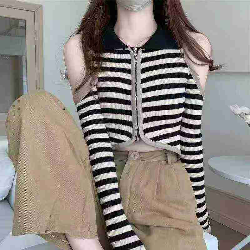 Spring Autumn New Off-shoulder Polo Collar Color-block Stripe Knit Zip Cardigan, 3070pcs, Individual Pack - Image 7