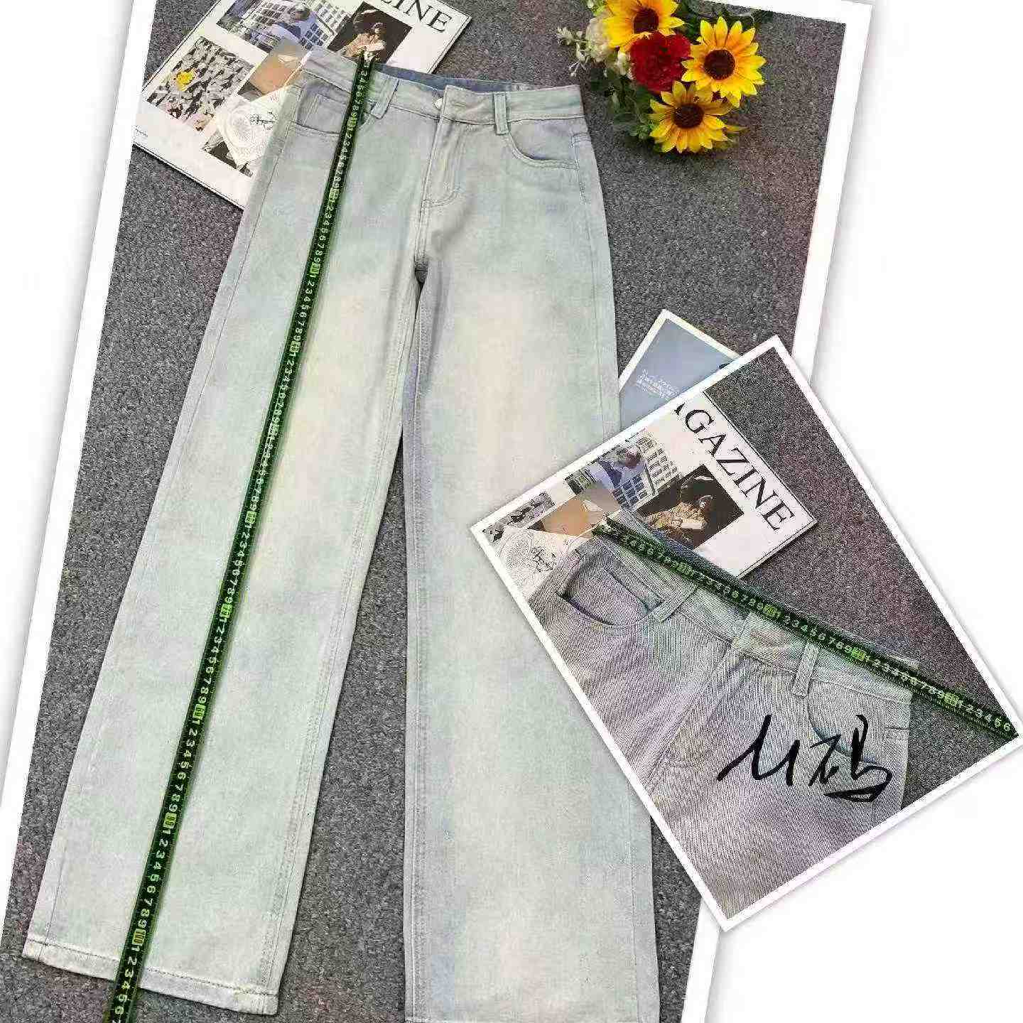 295 Peças Novos Jeans de Perna Larga de Algodão Lavado Retrô Primavera-Verão - Image 3