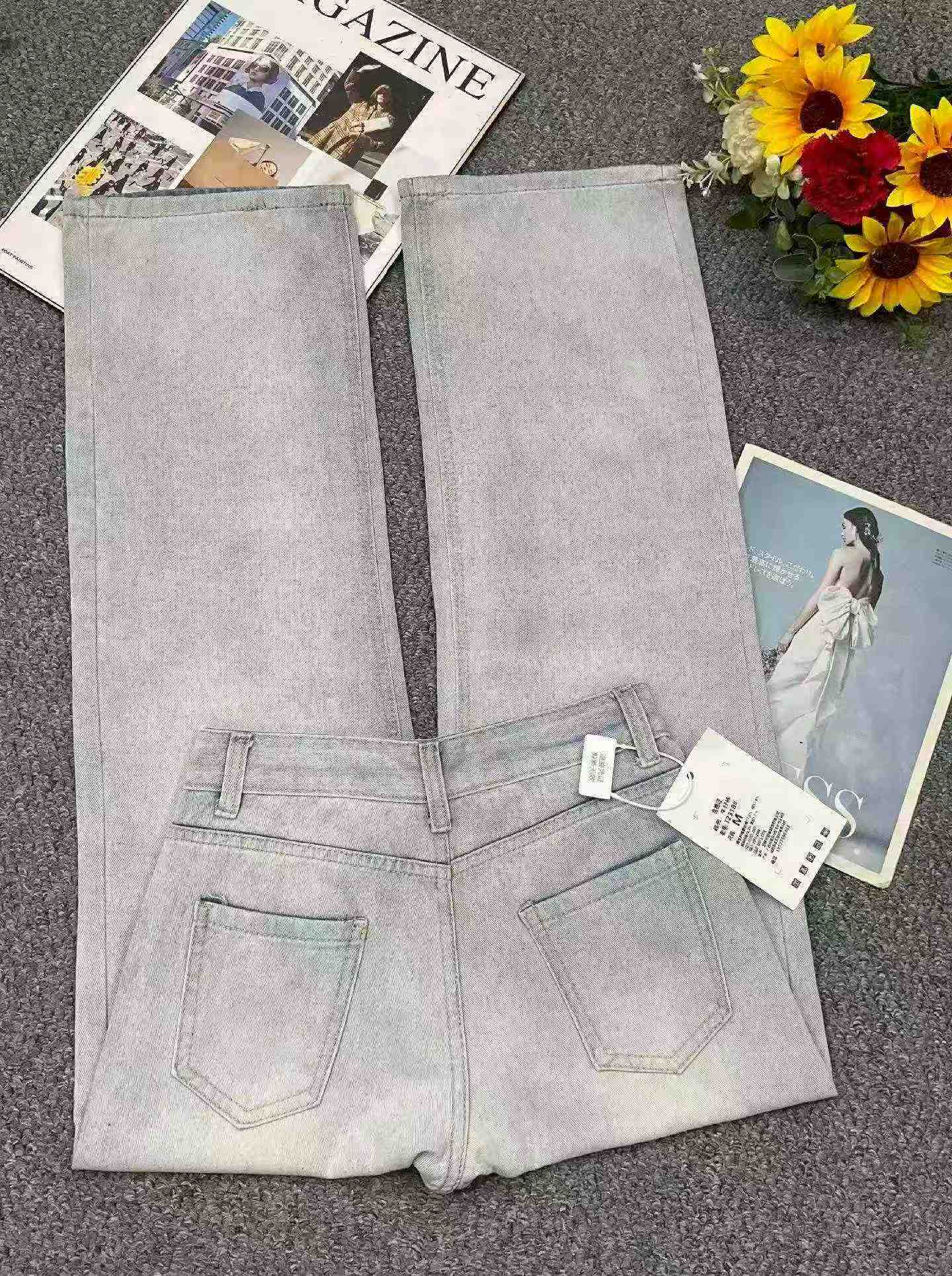295 Peças Novos Jeans de Perna Larga de Algodão Lavado Retrô Primavera-Verão - Image 4