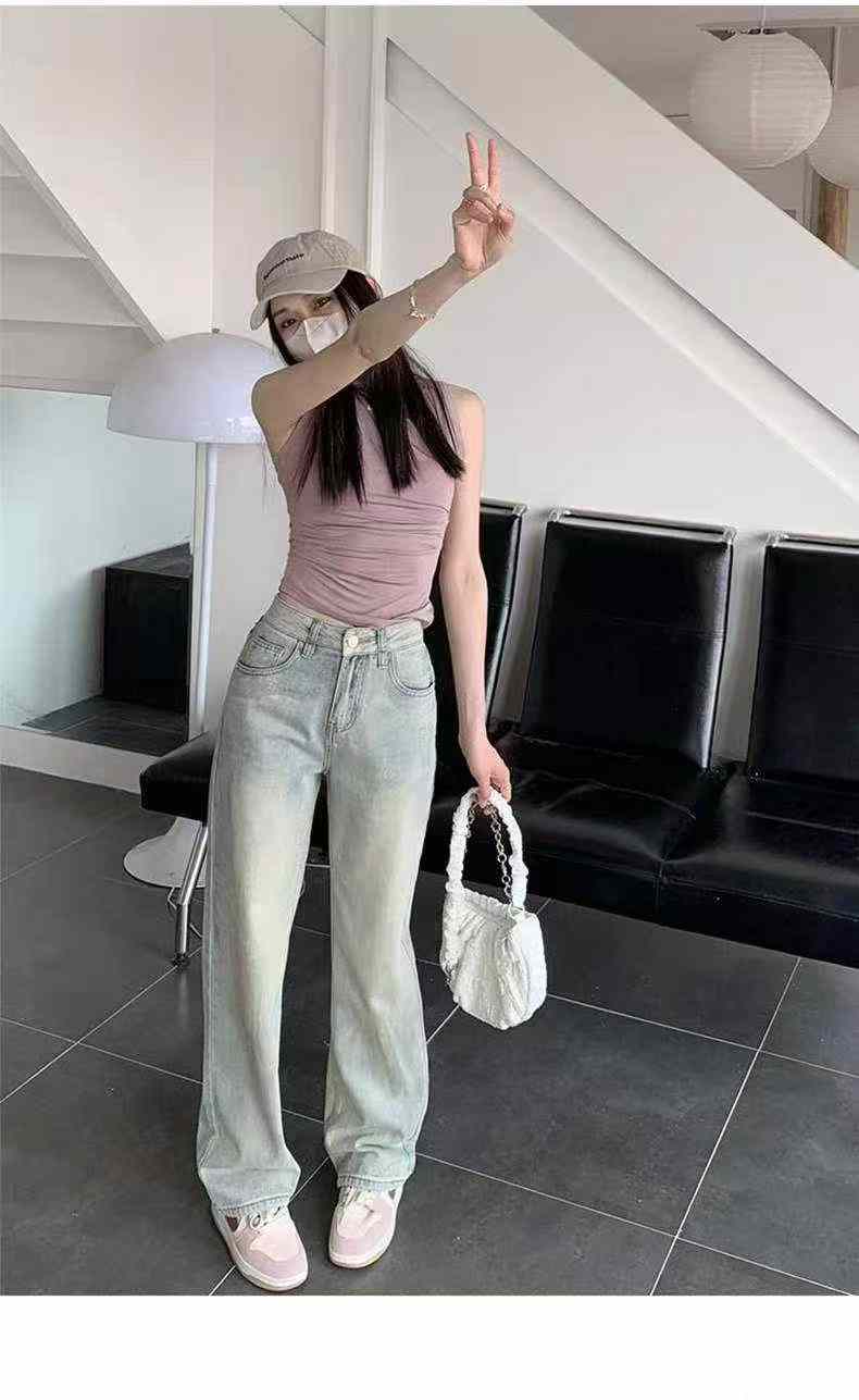 295 Peças Novos Jeans de Perna Larga de Algodão Lavado Retrô Primavera-Verão - Image 5
