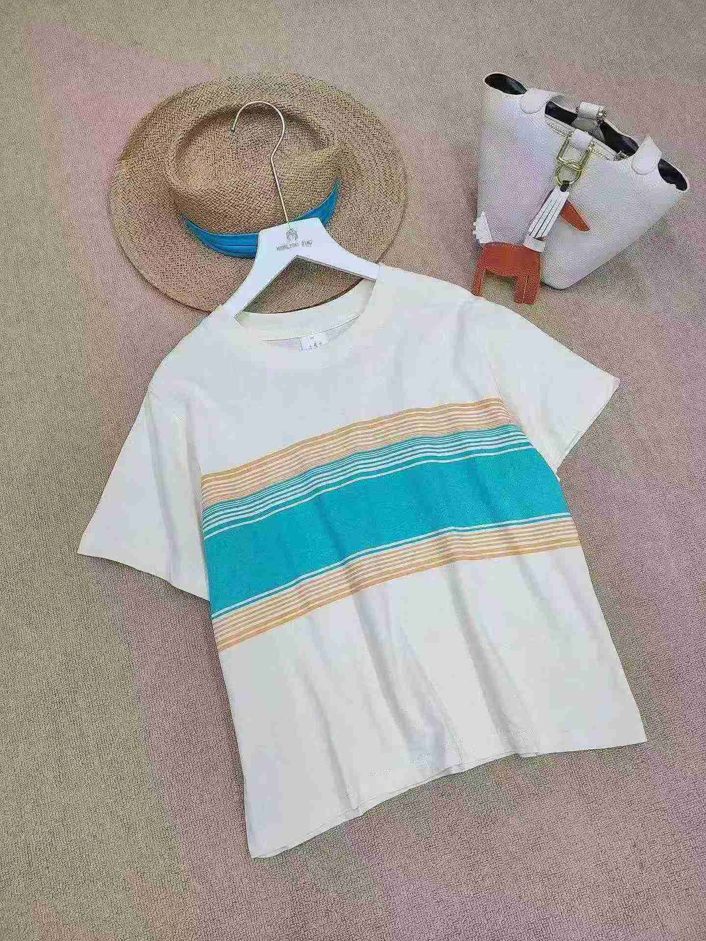 256 pièces de t-shirts décontractés en coton à manches courtes à rayures simples et colorblock - Image 4