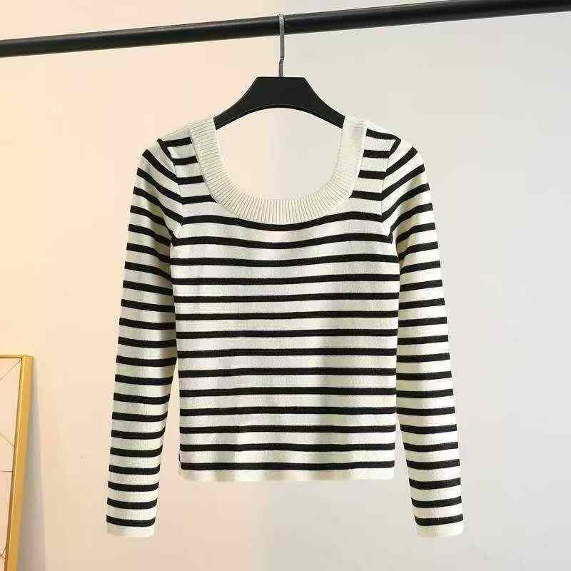 Spring Autumn Retro Color-block Stripe French U-neck Long Sleeve Knit Pullover Sweater, 420 Pieces - Image 3