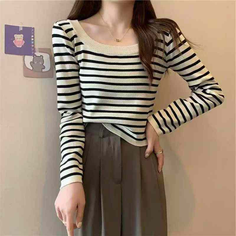 Spring Autumn Retro Color-block Stripe French U-neck Long Sleeve Knit Pullover Sweater, 420 Pieces - Image 4