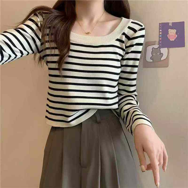 Spring Autumn Retro Color-block Stripe French U-neck Long Sleeve Knit Pullover Sweater, 420 Pieces - Image 5