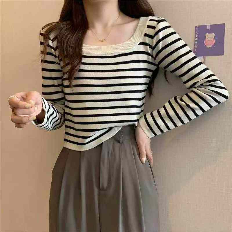 Spring Autumn Retro Color-block Stripe French U-neck Long Sleeve Knit Pullover Sweater, 420 Pieces - Image 6