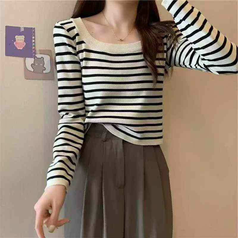 Spring Autumn Retro Color-block Stripe French U-neck Long Sleeve Knit Pullover Sweater, 420 Pieces - Image 7