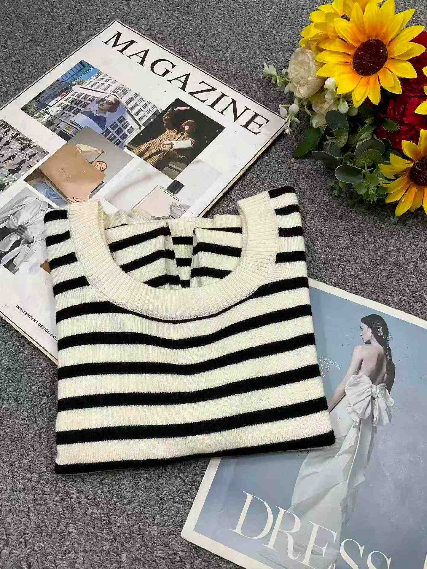 Spring Autumn Retro Color-block Stripe French U-neck Long Sleeve Knit Pullover Sweater, 420 Pieces - Image 8