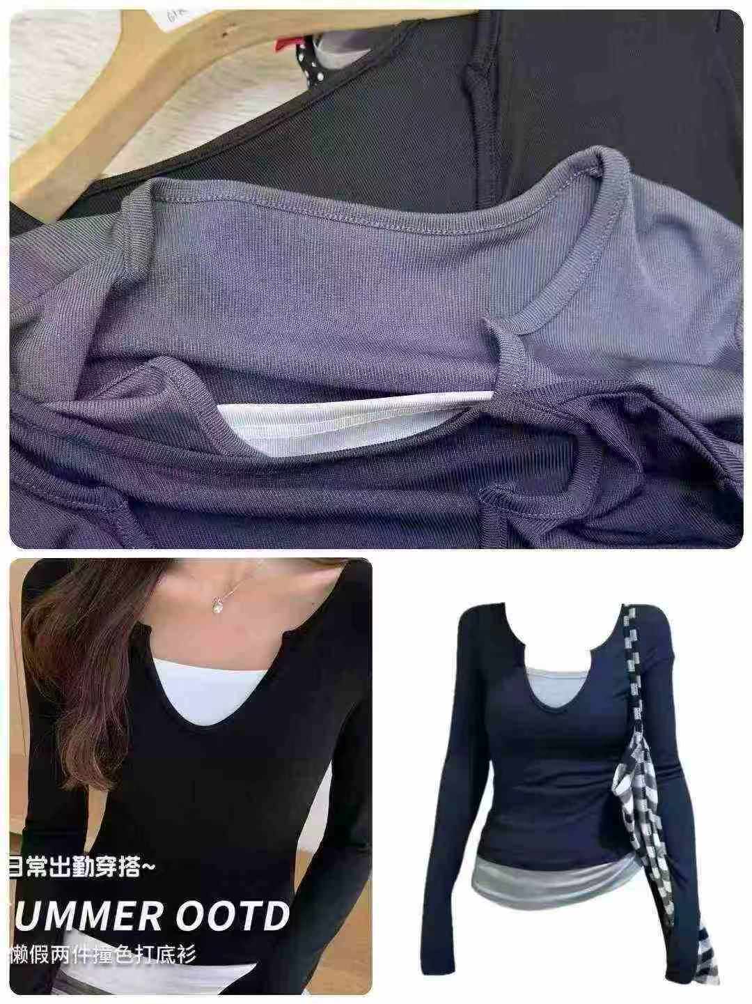 6000 pièces T-shirts slim à manches longues pour femmes à effet faux deux-pièces - Image 1