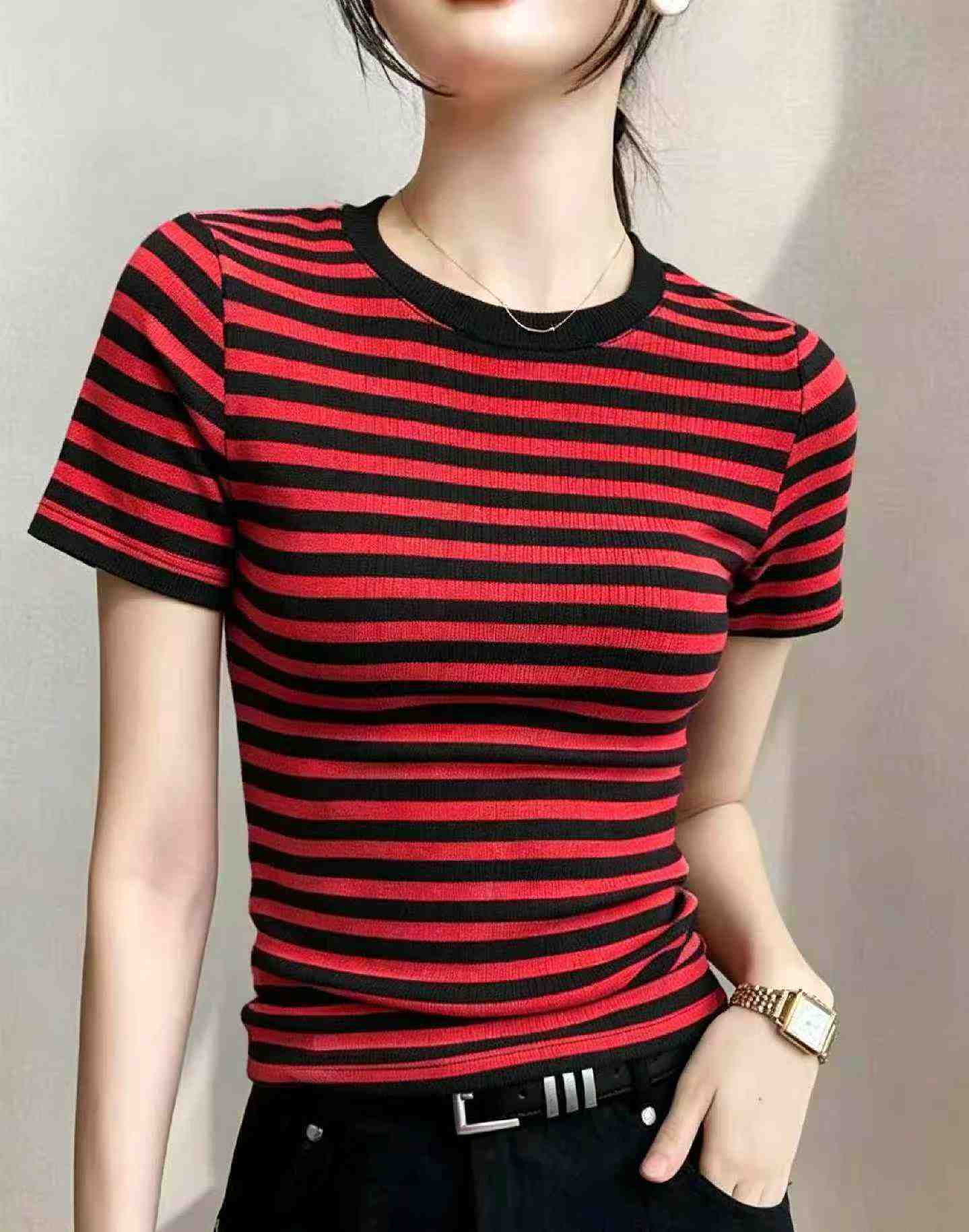 200PCS Summer Korean Style Color-block Stripe Ice Silk Knit Short Sleeve T-Shirt - Image 1