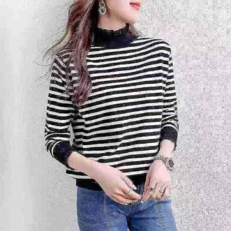 Autumn Winter Colorblock Stripe Mock Neck Loose Pullover Sweater 1680 Pcs - Image 1
