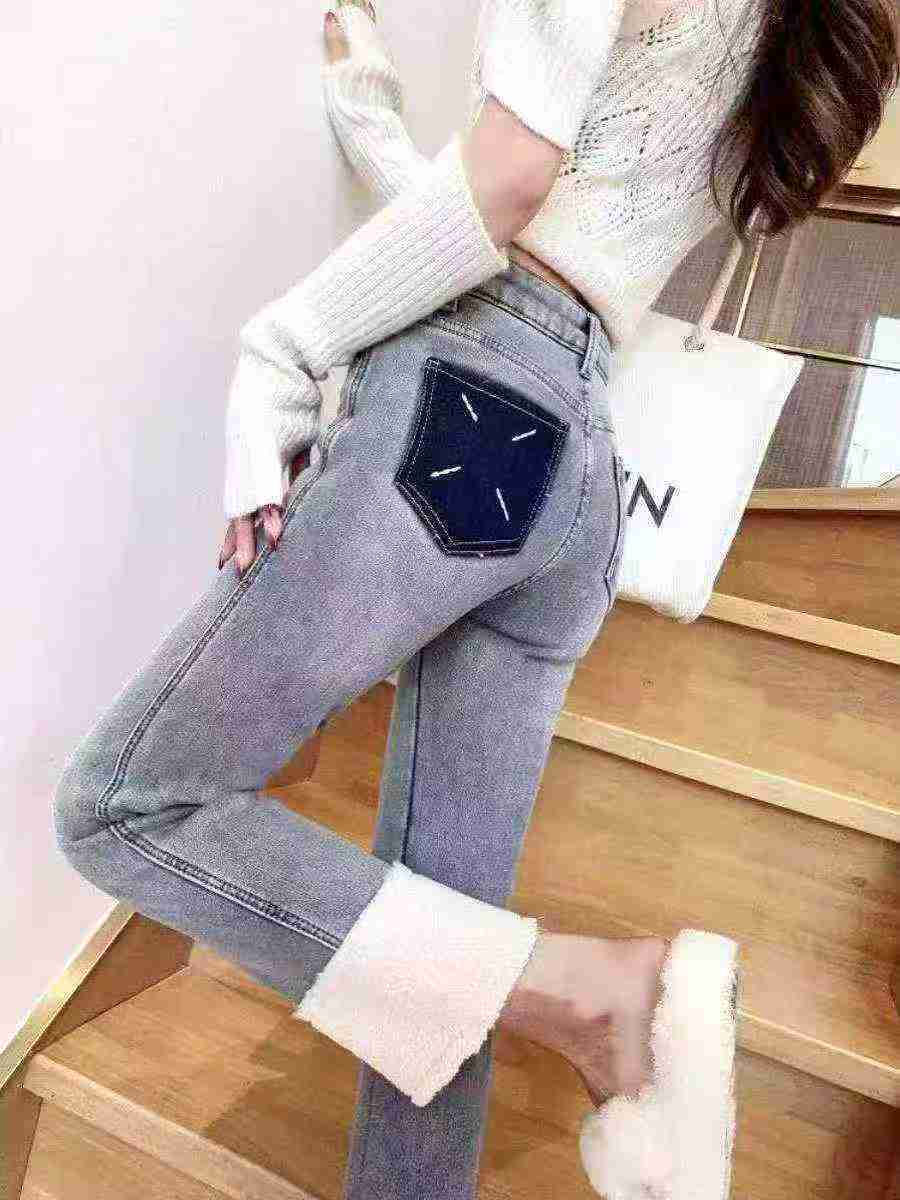 Autumn Winter New High Waist Patchwork Fleece Straight Cigarette Jeans, 145pcs, S-XL, Individual Packing With Tag - Image 1