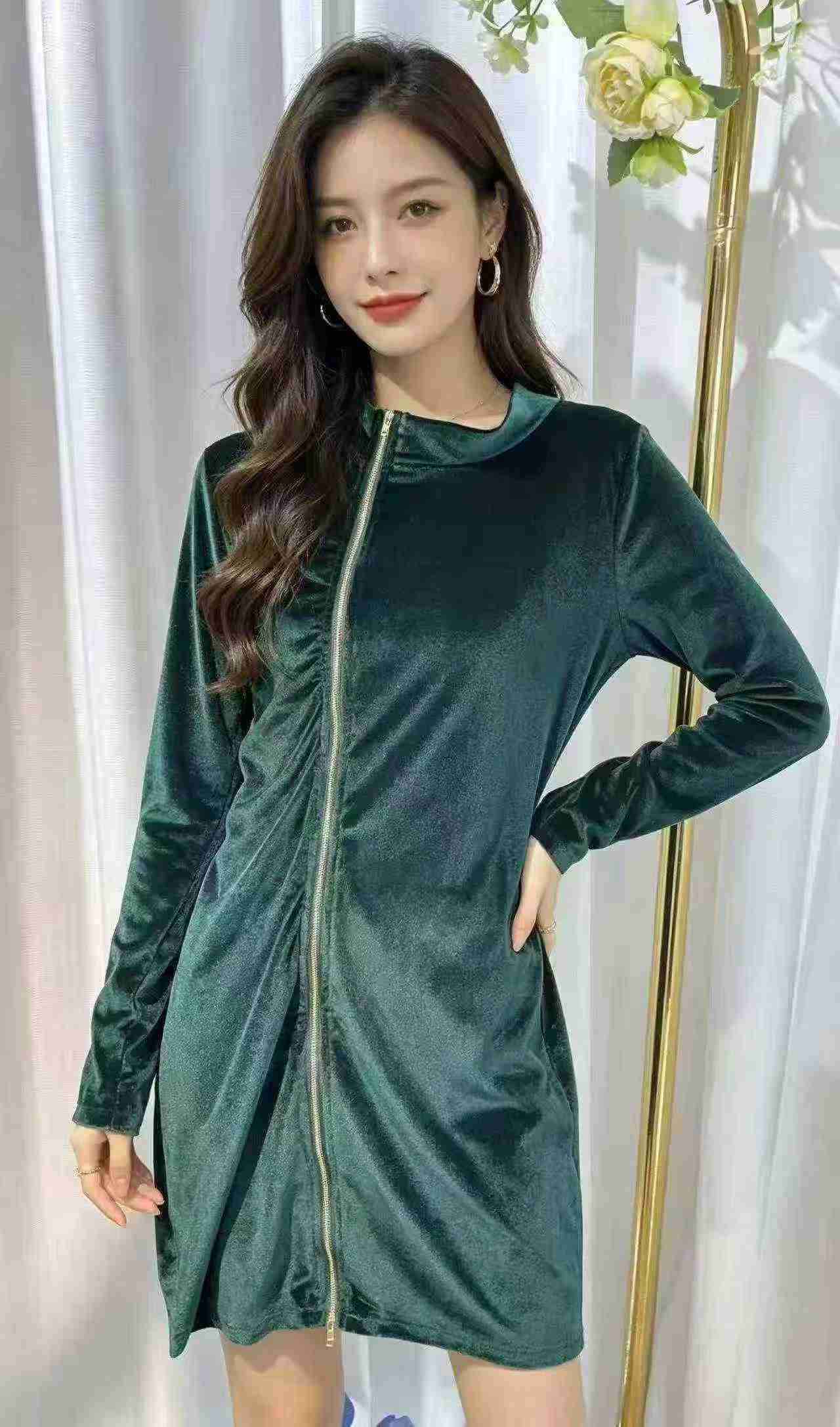 Women's Stand Collar Velvet Long Sleeve Zipper Dress About 336 Pcs Size S-3XL - Image 1