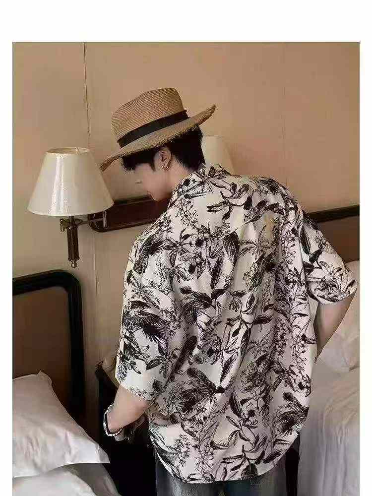 220 Pcs Summer Men's Vacation Cuban Collar Short Sleeve Ice Silk Casual Shirt Clearance - Image 1