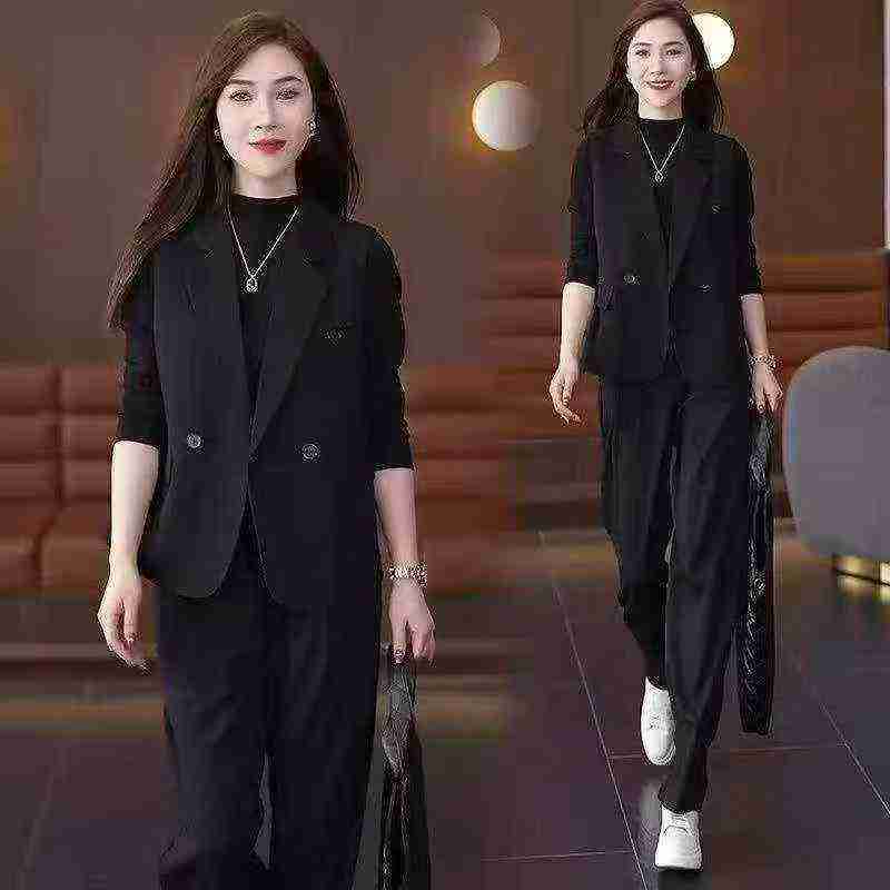 Spring Summer New Solid 2pcs Loose Blazer Vest & Wide Leg Pants Set, 535 Sets - Image 1