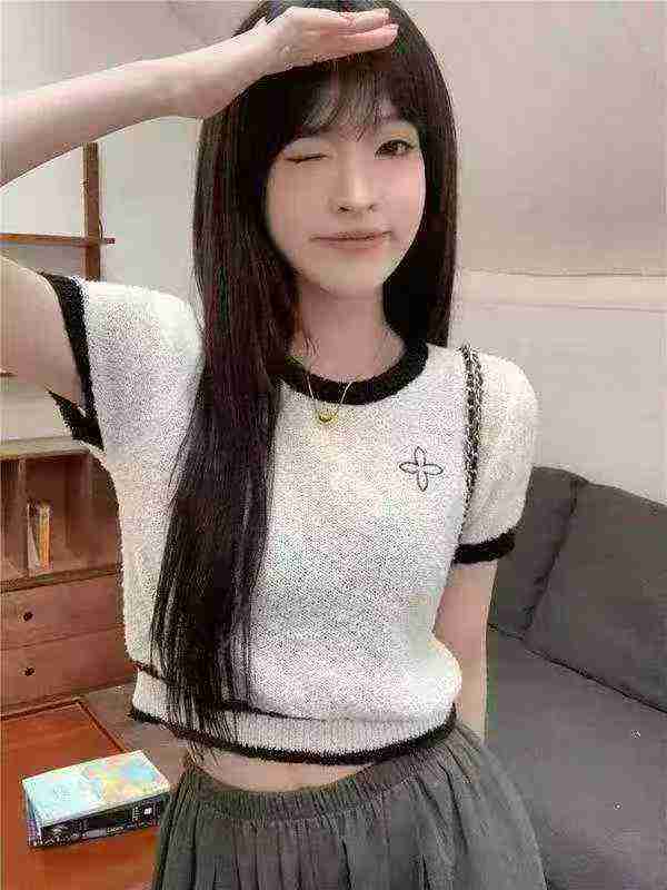 Summer New Colorblock Sweet Spicy Bow Embroidery Elastic Slim Knit Short Sleeve T-shirt, 1490 Pieces - Image 1