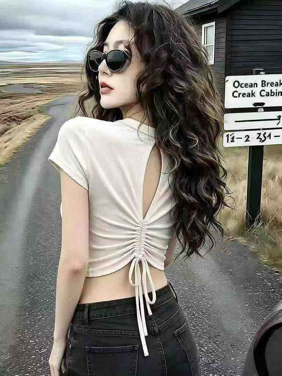 208 Pcs New American Style Backless Drawstring Cotton Sexy Tops - Image 1