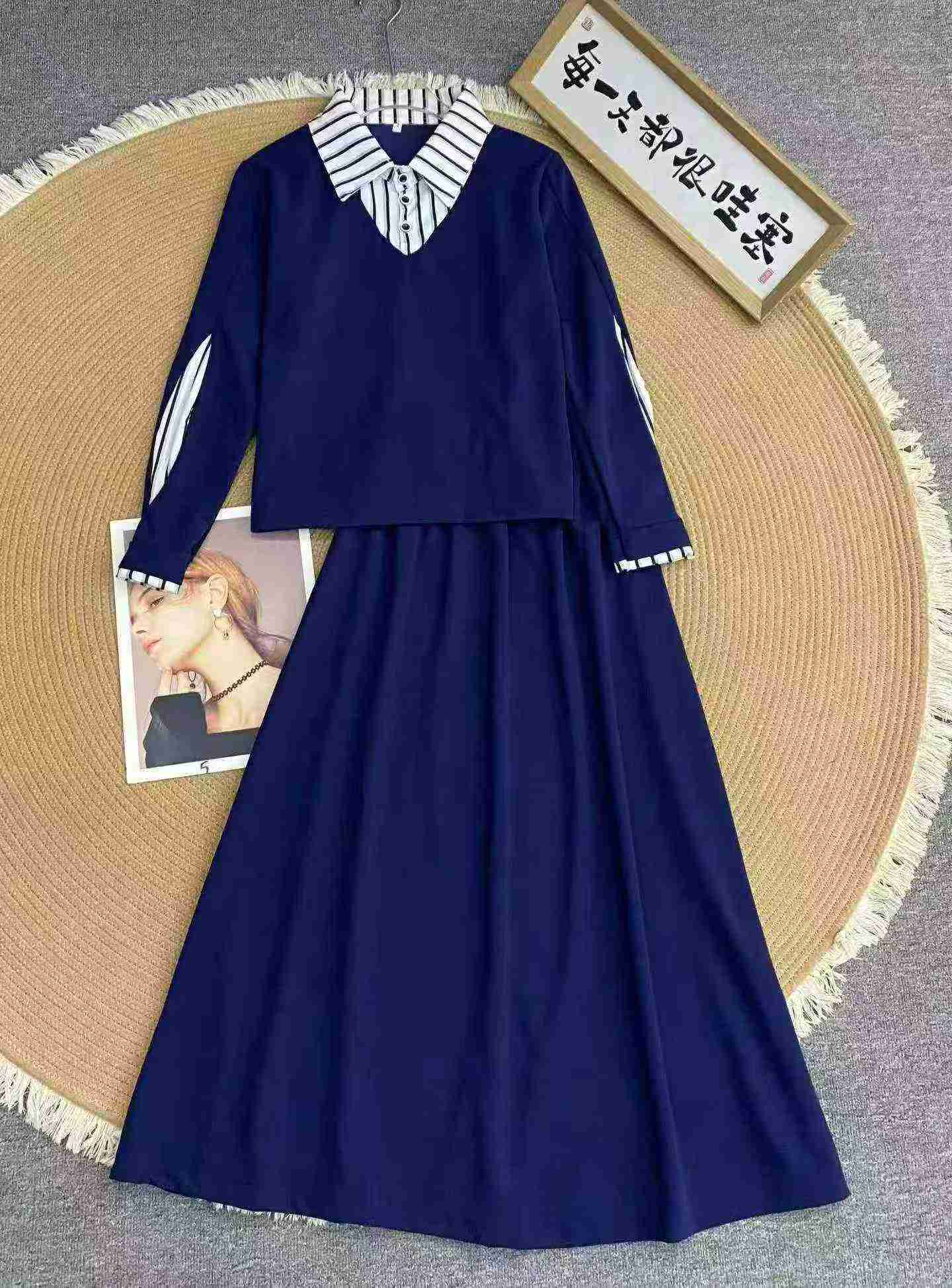 507 Sets Fashion Fake Two-piece Set Polo Collar Striped M-4XL - Image 1