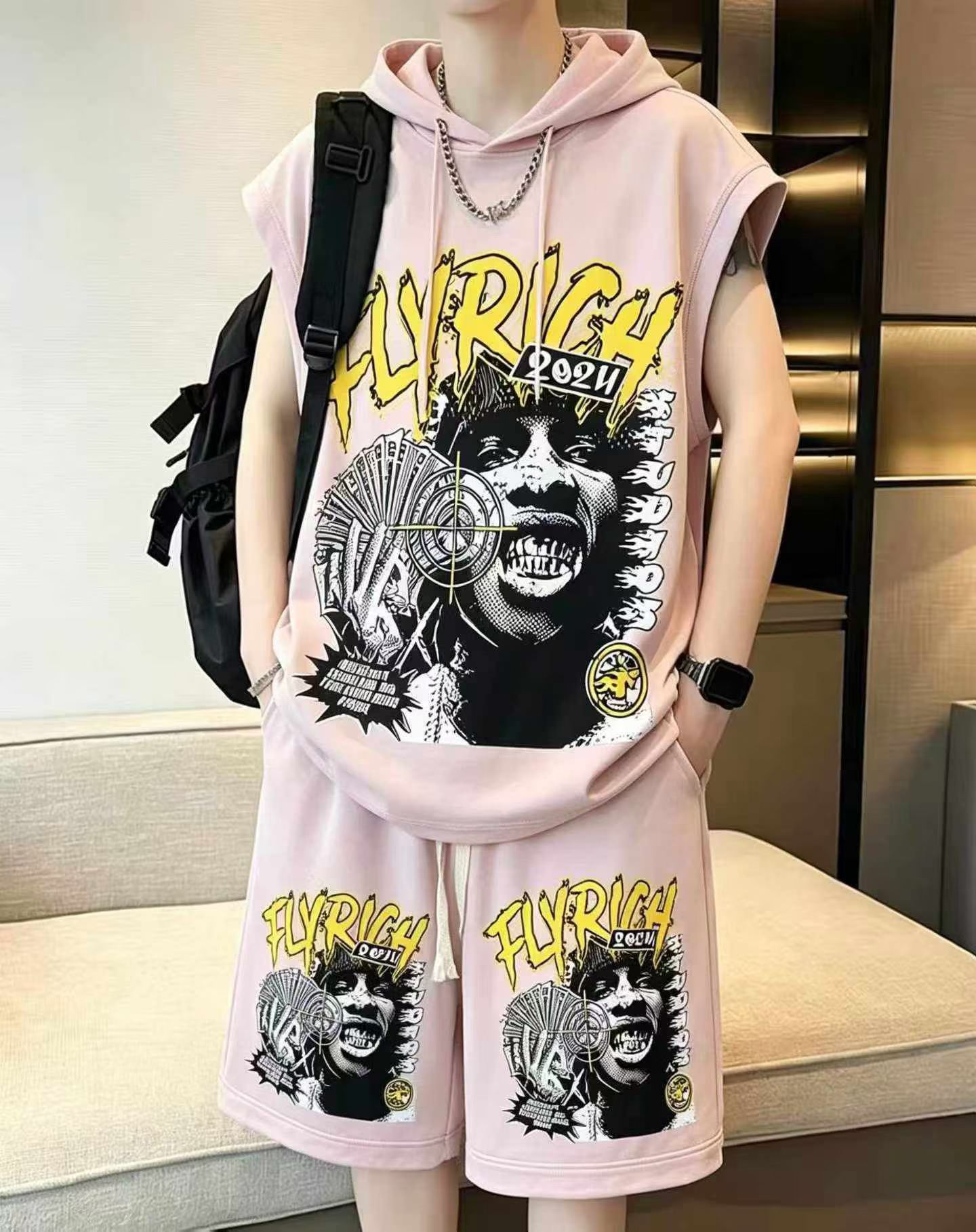 3000 Sets American Style African Print Cotton Fleece Hooded Top & Shorts Set - Image 1