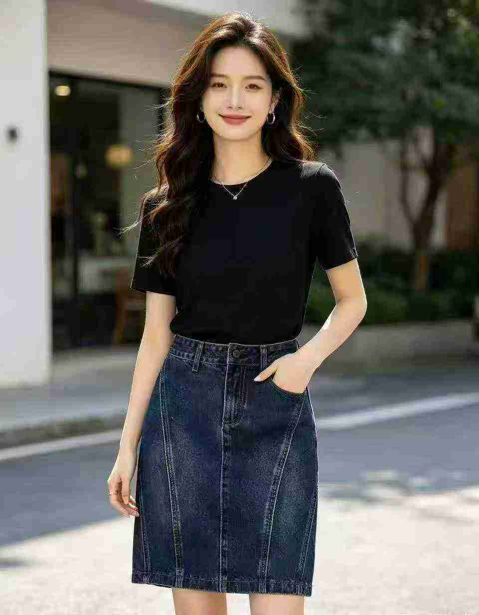 1127 Pcs Women's Vintage Blue High Waist Denim Midi Skirt - Image 1