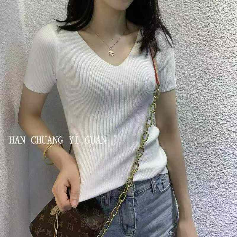 2310 Piezas Camiseta de Verano de Manga Corta, Cuello en V, Lisa, de Seda de Hielo, de Punto Ajustada - Image 1