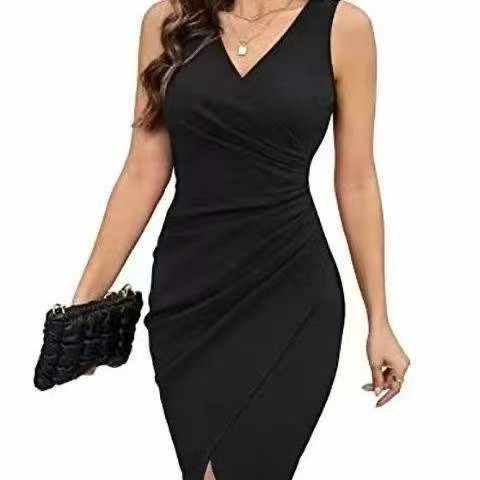 Váy midi ôm sát dáng không tay cổ chữ V sâu màu trơn xu hướng thời trang mới, 850 chiếc - Image 1