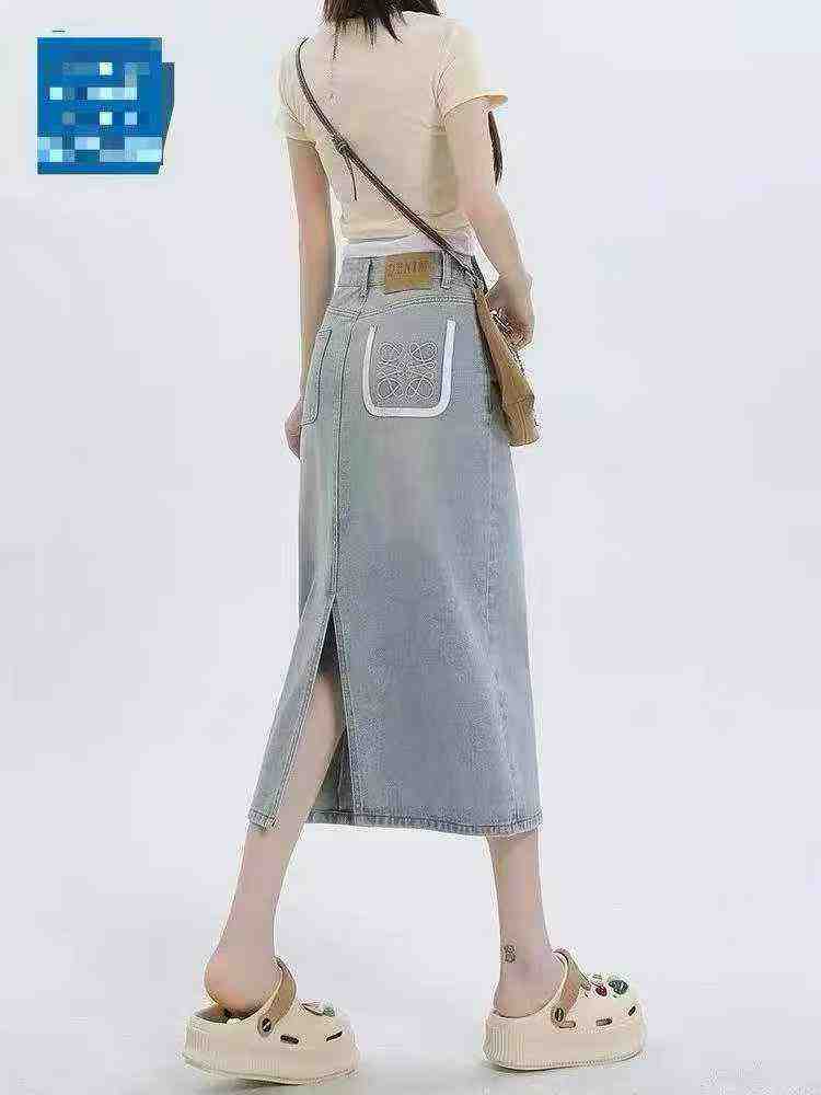 Light Color Split Embroidered Color Block High Waist Midi Denim Skirts For Women, 1300 Pieces S-2XL - Image 1