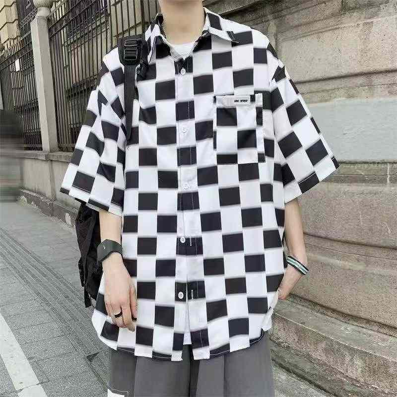 Áo sơ mi ngắn tay nam mùa hè họa tiết bàn cờ kiểu dáng rộng, cỡ S-2XL, khoảng 500 chiếc - Image 1