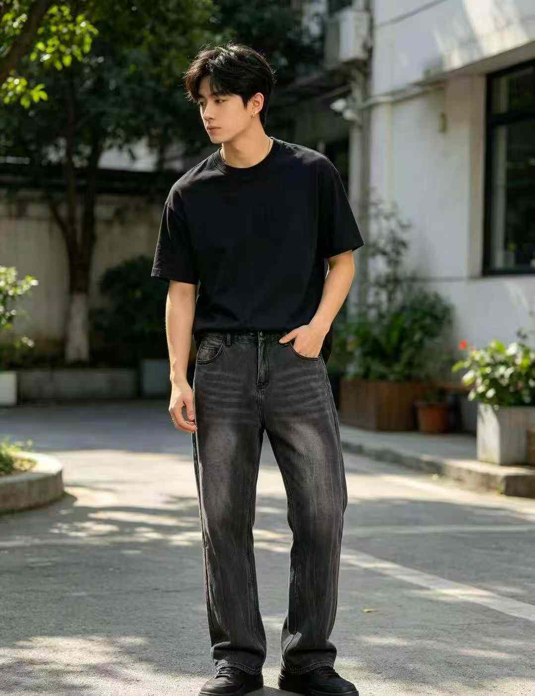 Men's Black Lightning Pattern Washed Flared Summer Jeans 209 Pieces - Image 1