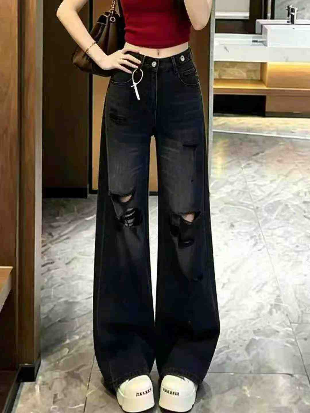 186 Pieces New Summer American Style Black Grey Ripped High Waist Wide Leg Women's Jeans - Image 1