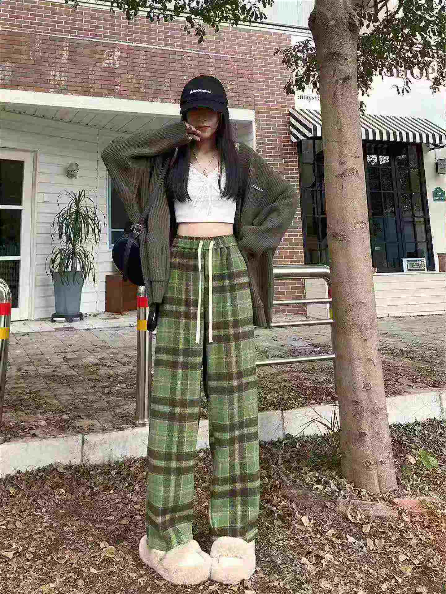 117 Piezas Pantalones Casuales de Lana a Cuadros Estilo Vintage Relajado - Image 1