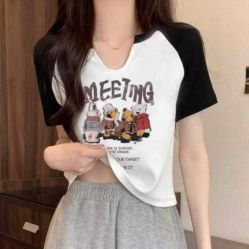 Koleksi Baru Musim Panas Kaos Lengan Pendek Rajut Cetak Vintage Raglan Kontras Gaya Amerika, 1090 Buah, Kemasan Satuan - Image 1
