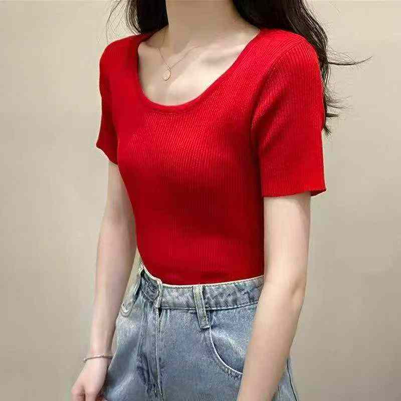 Baju Rajut Lengan Pendek Leher Bulat Polos Slim Fit Musim Panas 430 Potong - Image 1