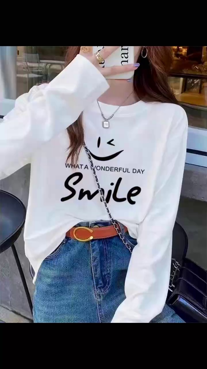 1000 Potong Kaos Lengan Panjang Wanita Katun Murni Leher Bulat Longgar - Image 1