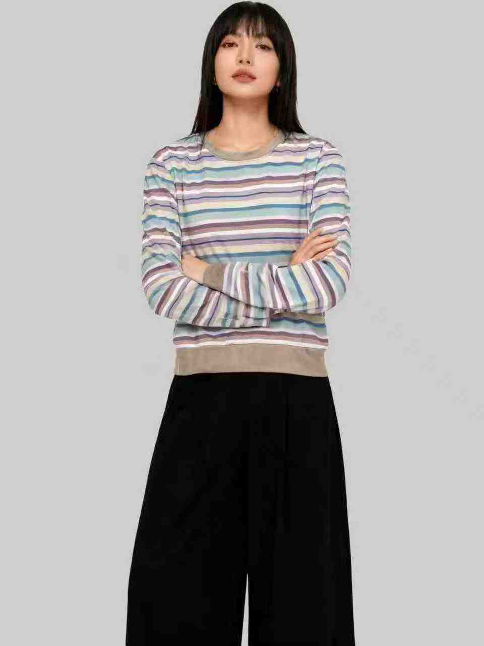 Atasan Lengan Panjang Leher Bulat Trendi Motif Garis Pelangi, Sekitar 1500 Potong - Image 1